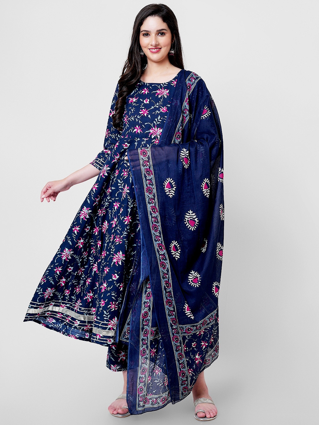 KALINI Floral Printed Gotta Patti Pure Cotton Anarkali Kurta with Trousers & With Dupatta, Blue
KALINI Floral Printed Gotta Patti Pure Cotton Anarkali Kurta with Trousers & With Dupatta, Blue