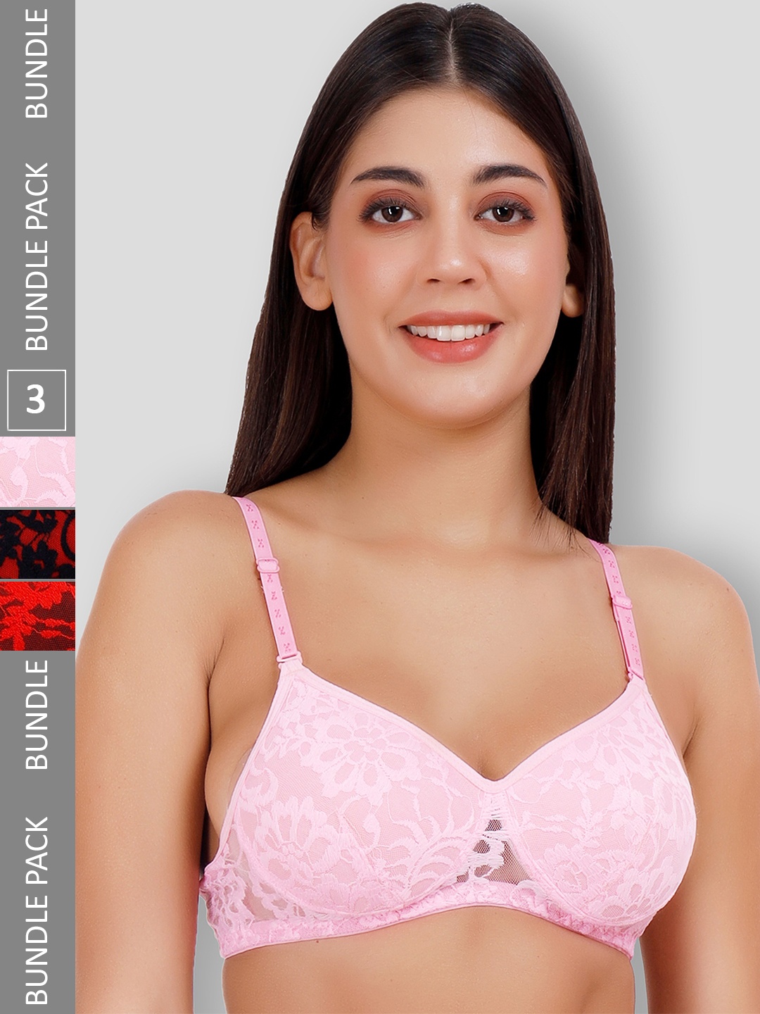 SELFCARE Pack of 3 Net Embroided Half Coverage Plunge Bra With Adjustable Straps, Pink
SELFCARE Pack of 3 Net Embroided Half Coverage Plunge Bra With Adjustable Straps, Pink