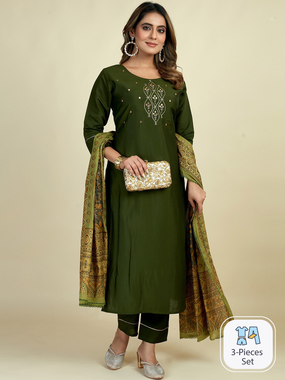 MINGORA Mirror Work Detailed Chanderi Cotton Straight Kurta & Trousers With Dupatta, Green
MINGORA Mirror Work Detailed Chanderi Cotton Straight Kurta & Trousers With Dupatta, Green