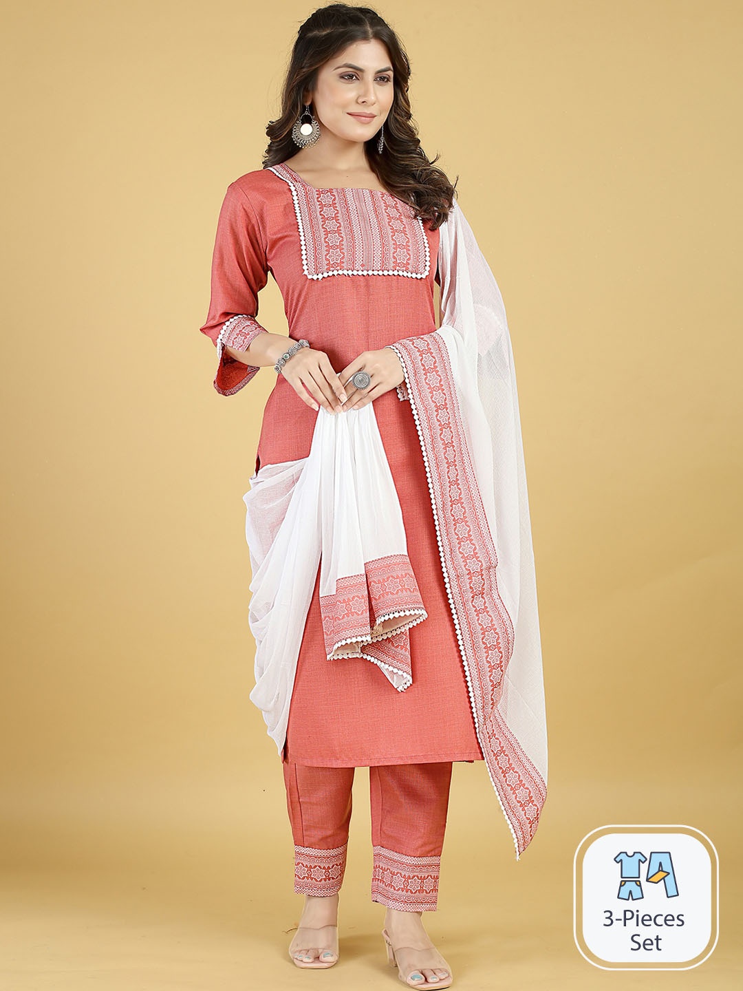 MINGORA Ethnic Motifs Printed Straight Thread Work Kurta & Trousers With Dupatta, Coral
MINGORA Ethnic Motifs Printed Straight Thread Work Kurta & Trousers With Dupatta, Coral