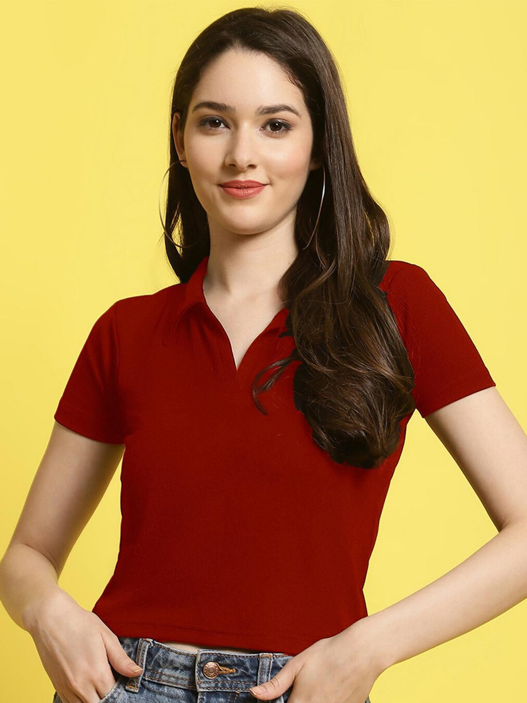 Fabflee Shirt Collar Ribbed Top, Maroon 
Fabflee Shirt Collar Ribbed Top, Maroon