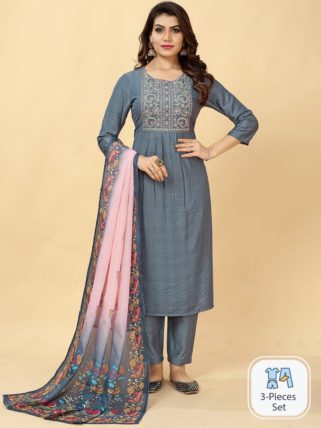 Lookslady Ethnic Motifs Yoke Design Sequinned A Line Kurta With Trousers & Dupatta, Grey
Lookslady Ethnic Motifs Yoke Design Sequinned A Line Kurta With Trousers & Dupatta, Grey