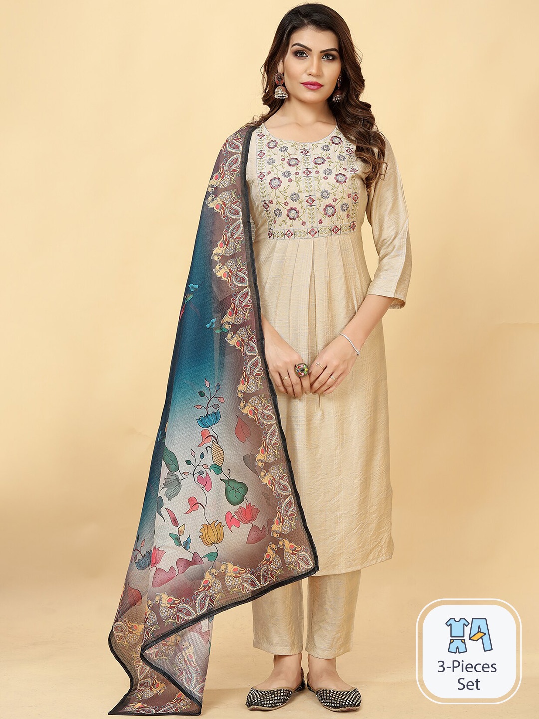 Lookslady Floral Yoke Design Thread Work A Line Kurta With Trousers & Dupatta, Beige
Lookslady Floral Yoke Design Thread Work A Line Kurta With Trousers & Dupatta, Beige