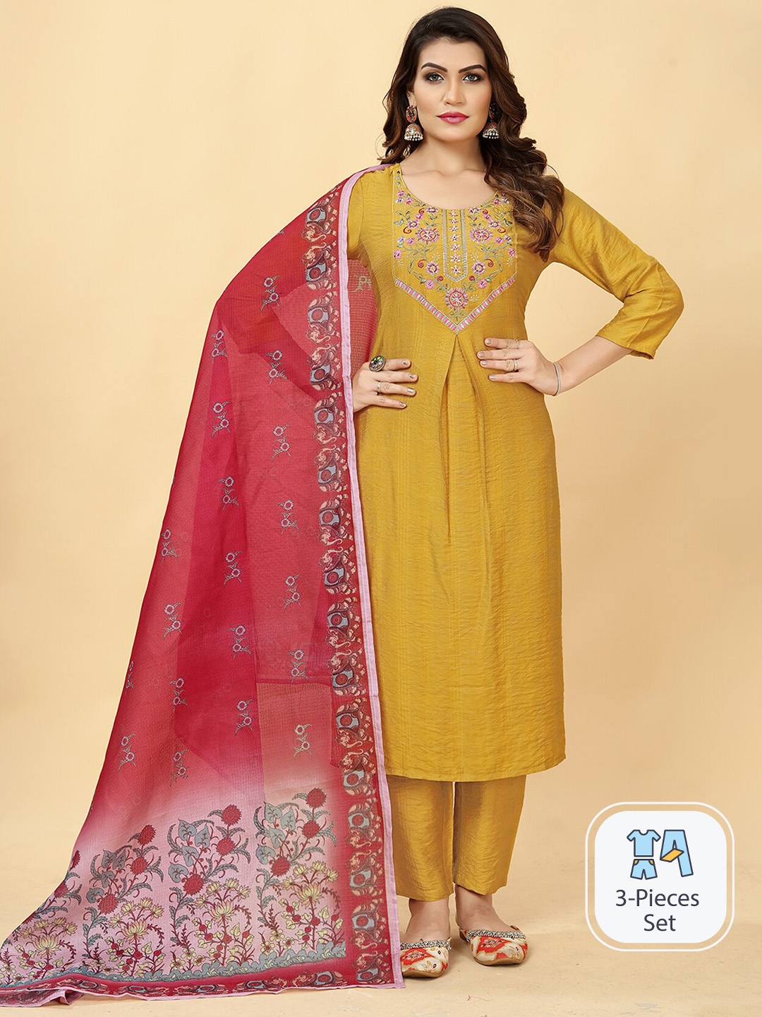 Lookslady Floral Yoke Design Thread Work A Line Kurta With Trousers & Dupatta, Mustard
Lookslady Floral Yoke Design Thread Work A Line Kurta With Trousers & Dupatta, Mustard