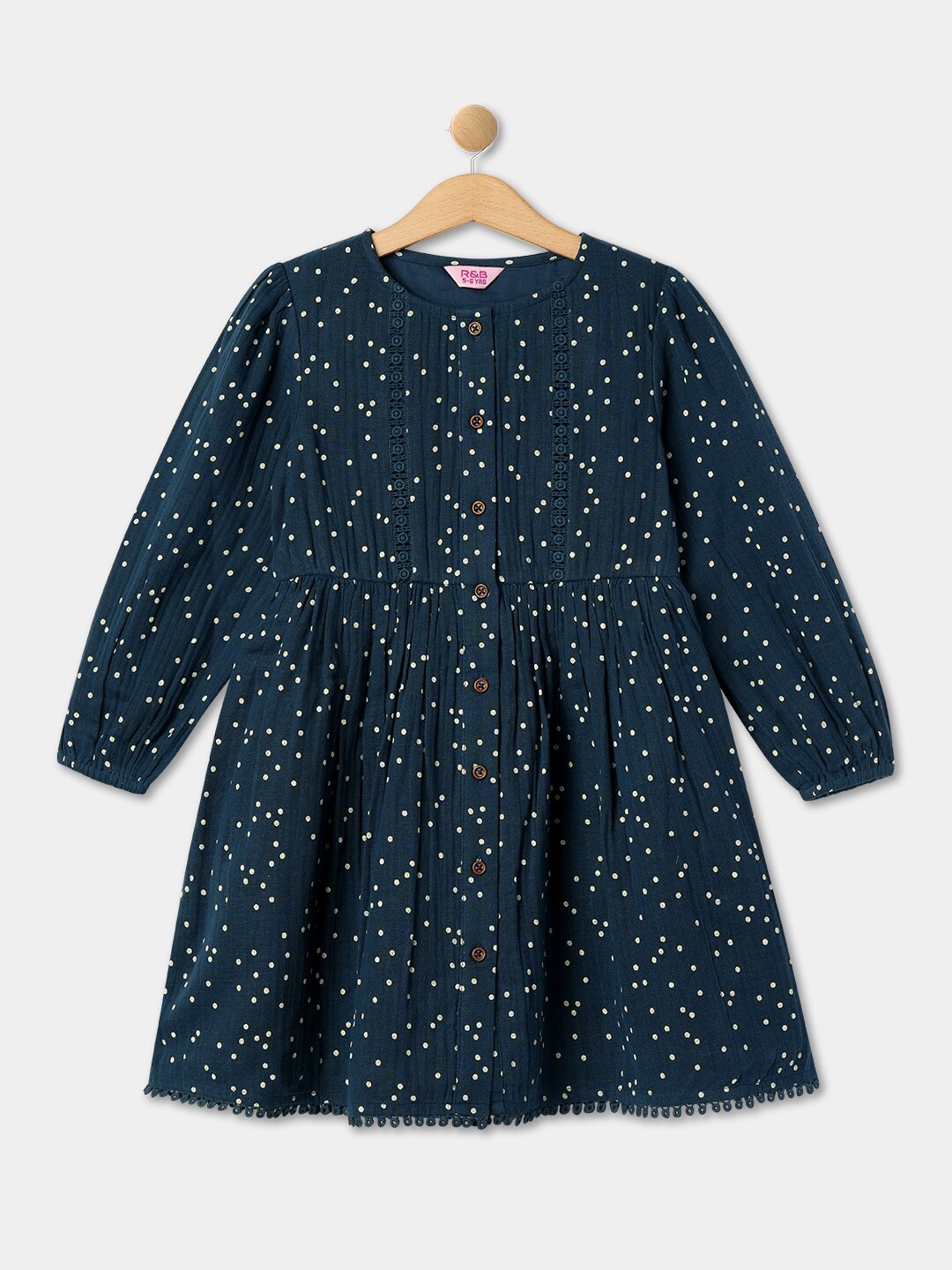 R&B Girls Polka Dots Printed Round Neck Puff Sleeve Lace Inserts Cotton Fit & Flare Dress, Blue
R&B Girls Polka Dots Printed Round Neck Puff Sleeve Lace Inserts Cotton Fit & Flare Dress, Blue