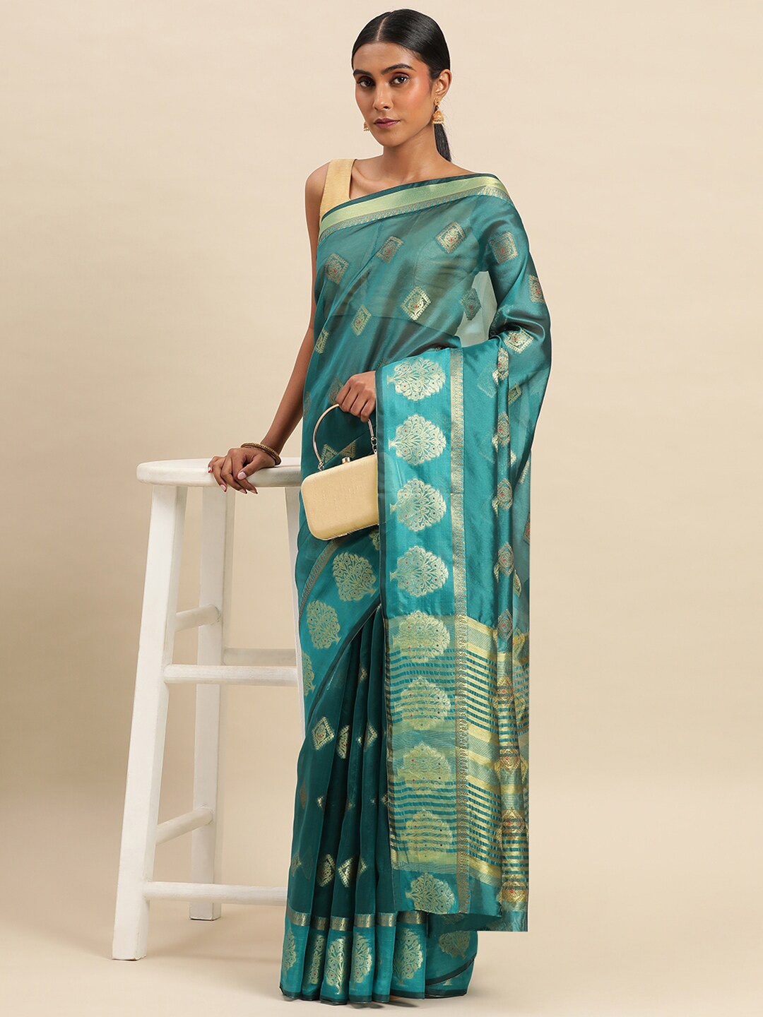 Mitera Sea Green & Gold-Toned Ethnic Woven Design Zari Organza Saree