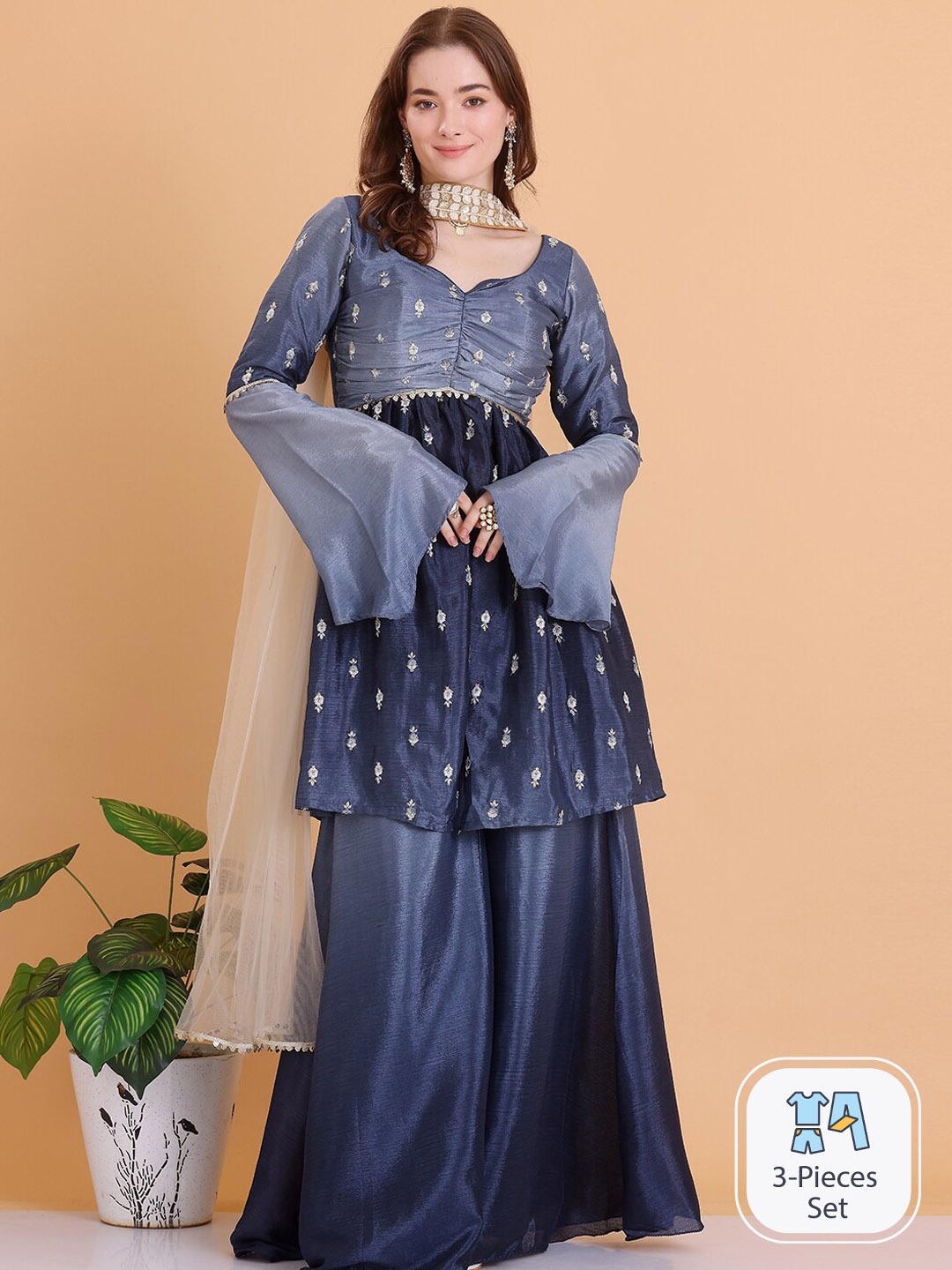 Ethnovog Floral Embroidered Empire Thread Work A-Line Kurti & Palazzos With Dupatta, Grey
Ethnovog Floral Embroidered Empire Thread Work A-Line Kurti & Palazzos With Dupatta, Grey