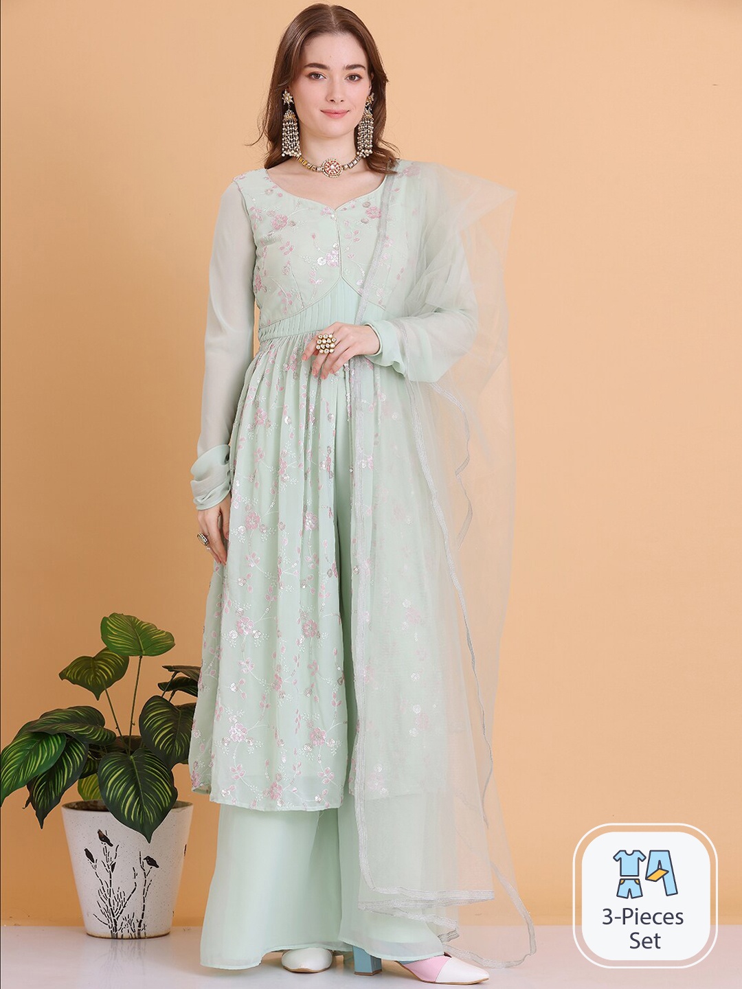 Ethnovog Floral Embroidered Empire Sequinned Anarkali Kurta & Palazzos With Dupatta, Sea green
Ethnovog Floral Embroidered Empire Sequinned Anarkali Kurta & Palazzos With Dupatta, Sea green