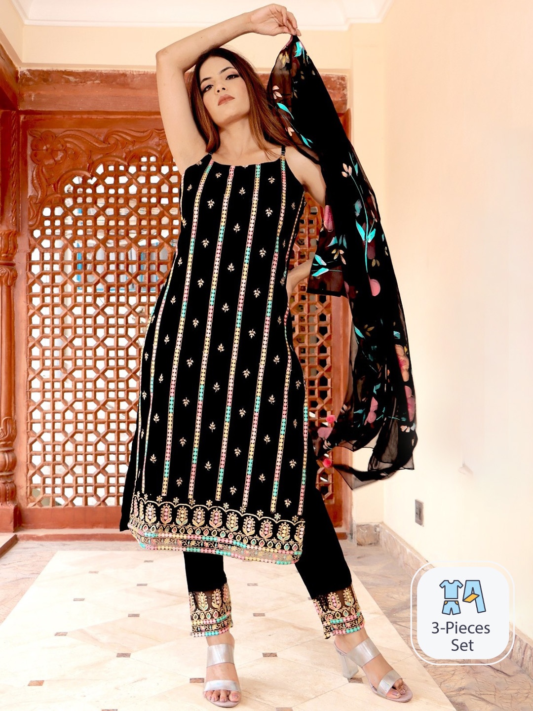 Sangria Floral Embroidered Sequinned Pure-Cotton Kurta With Trouser & Dupatta, Black
Sangria Floral Embroidered Sequinned Pure-Cotton Kurta With Trouser & Dupatta, Black