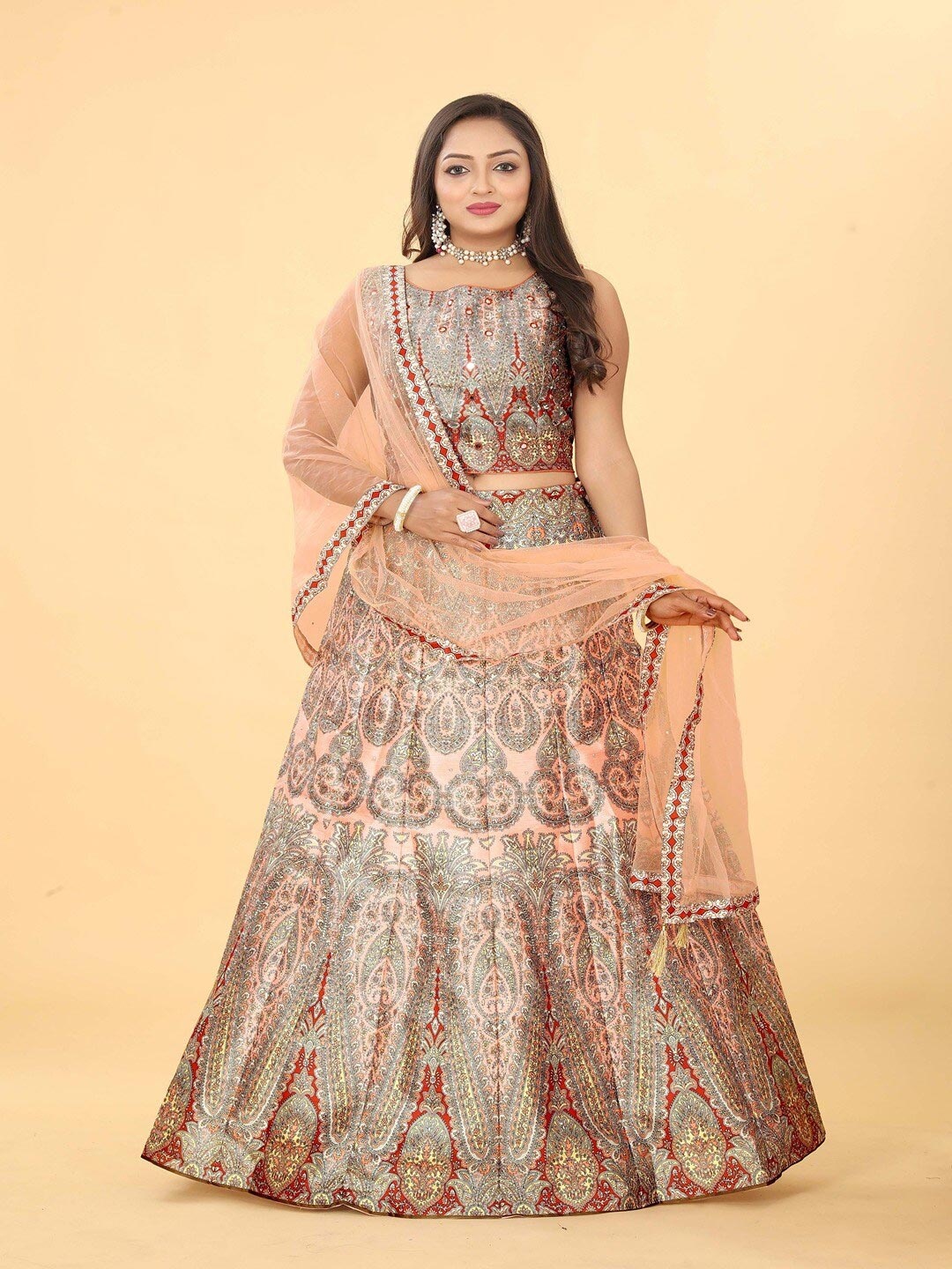 EthnicTree Ethnic Motifs Printed Beads and Stones Ready to Wear Lehenga Choli, Peach
EthnicTree Ethnic Motifs Printed Beads and Stones Ready to Wear Lehenga Choli, Peach