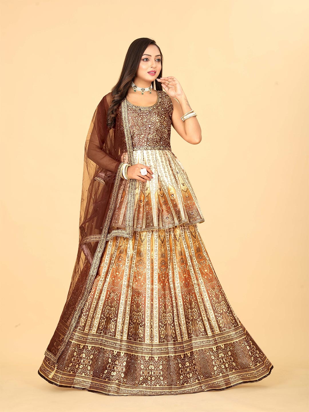 EthnicTree Floral Printed Beads and Stones Ready to Wear Lehenga & Blouse With Dupatta, Brown
EthnicTree Floral Printed Beads and Stones Ready to Wear Lehenga & Blouse With Dupatta, Brown