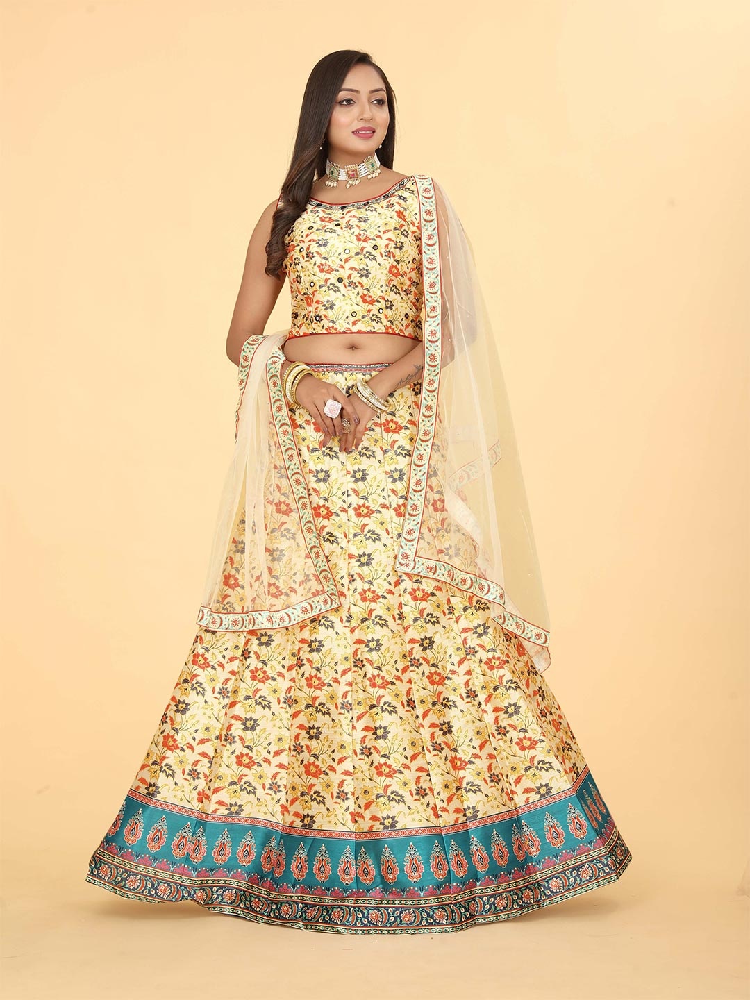 EthnicTree Floral Printed Beads and Stones Ready to Wear Lehenga & Blouse With Dupatta, Yellow
EthnicTree Floral Printed Beads and Stones Ready to Wear Lehenga & Blouse With Dupatta, Yellow