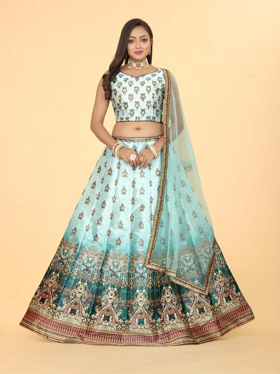 EthnicTree Ethnic Printed Beads and Stones Ready to Wear Lehenga & Blouse With Dupatta, Blue
EthnicTree Ethnic Printed Beads and Stones Ready to Wear Lehenga & Blouse With Dupatta, Blue
