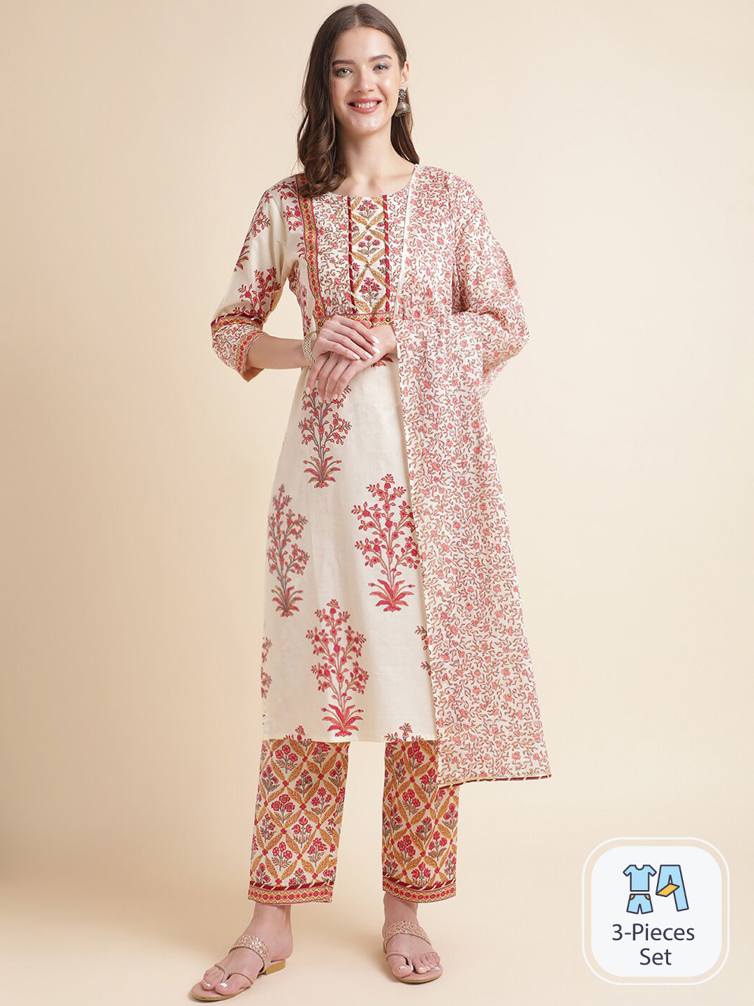 MESMORA FASHION Floral Printed Pure Cotton Regular Kurta with Trousers & Dupatta, Off white 
MESMORA FASHION Floral Printed Pure Cotton Regular Kurta with Trousers & Dupatta, Off white