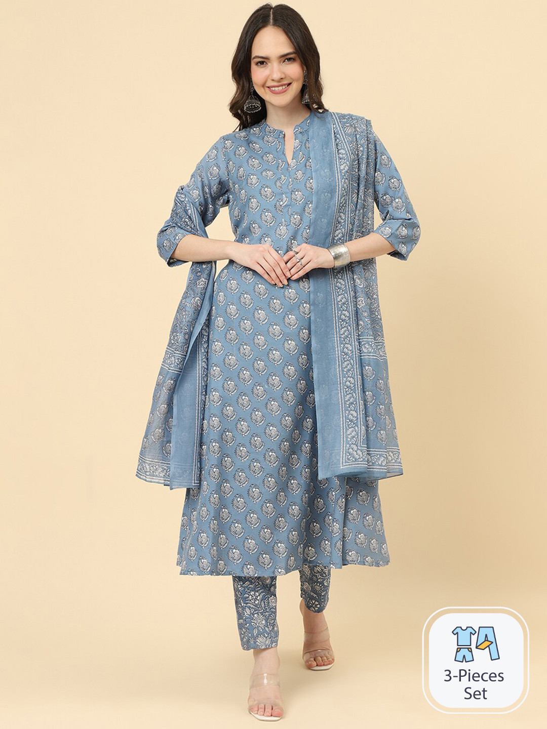 KALINI Ethnic Motifs Printed Mandarin Collar Straight Kurta With Trousers & Dupatta, Blue
KALINI Ethnic Motifs Printed Mandarin Collar Straight Kurta With Trousers & Dupatta, Blue