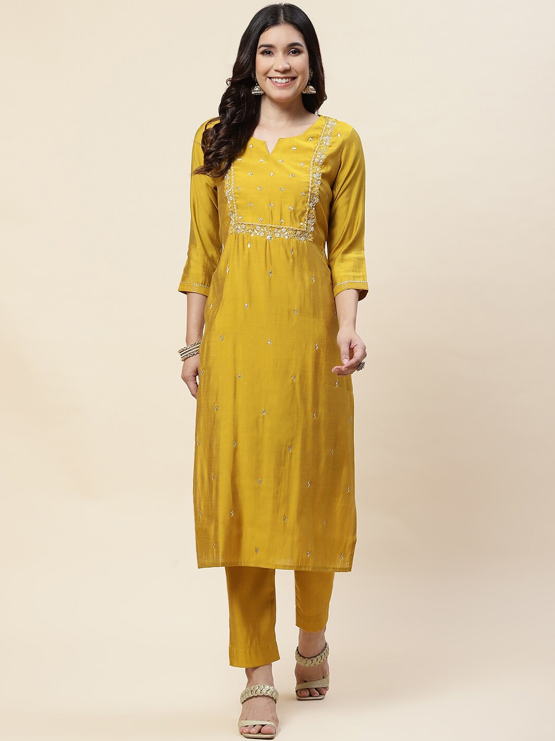 Meena Bazaar Ethnic Motifs Embroidered Beads and Stones Straight Kurta with Trousers, Mustard
Meena Bazaar Ethnic Motifs Embroidered Beads and Stones Straight Kurta with Trousers, Mustard
