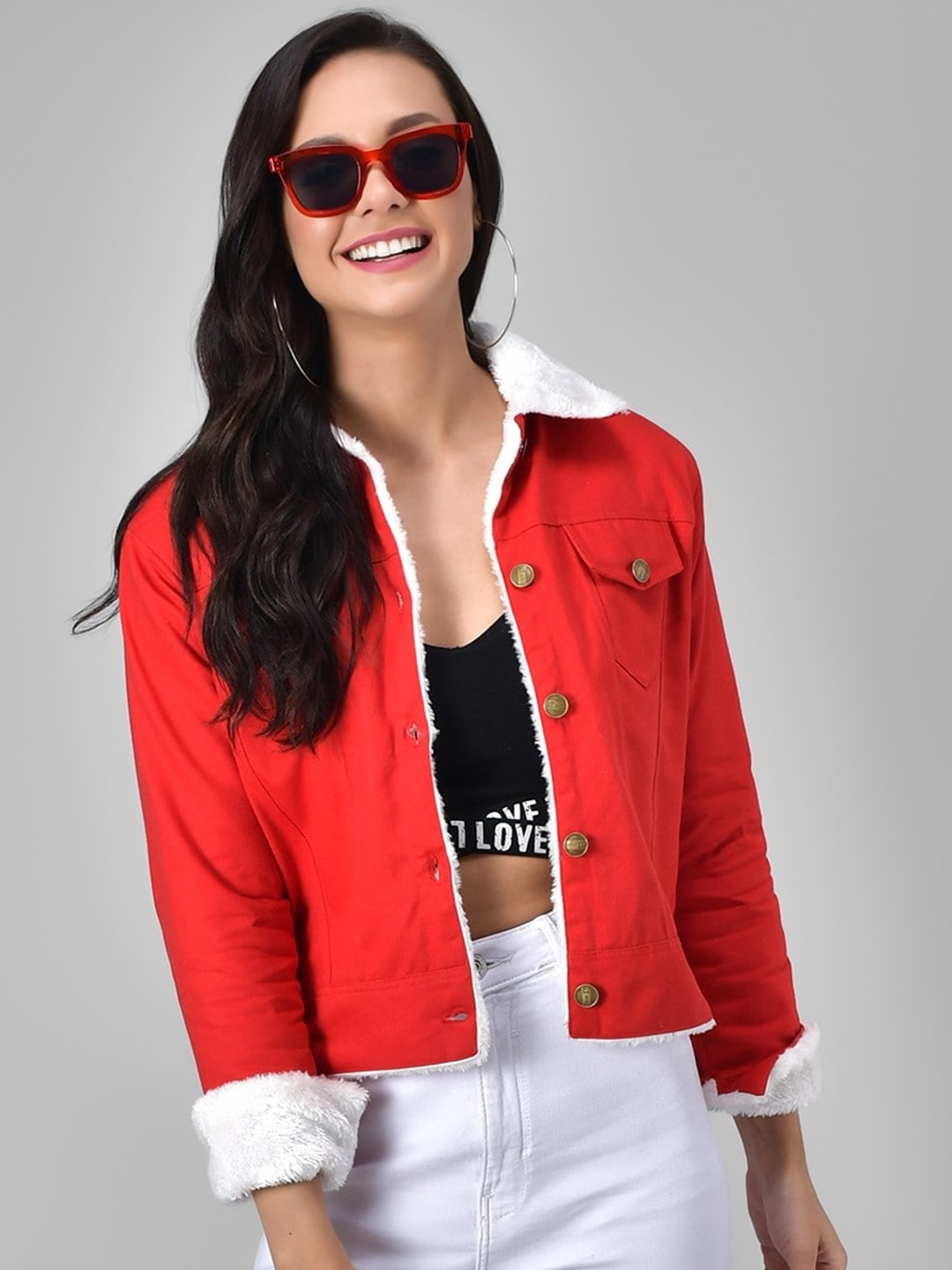 Funday Fashion Spread Collar Cropped Cotton Tailored Jacket With Faux Fur Trimmings, Red
Funday Fashion Spread Collar Cropped Cotton Tailored Jacket With Faux Fur Trimmings, Red