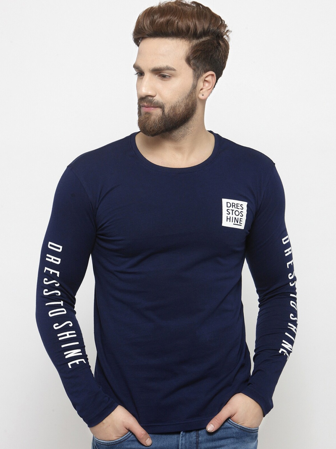 AUSK Typography Printed Round Neck Cotton Casual T-shirt, Blue