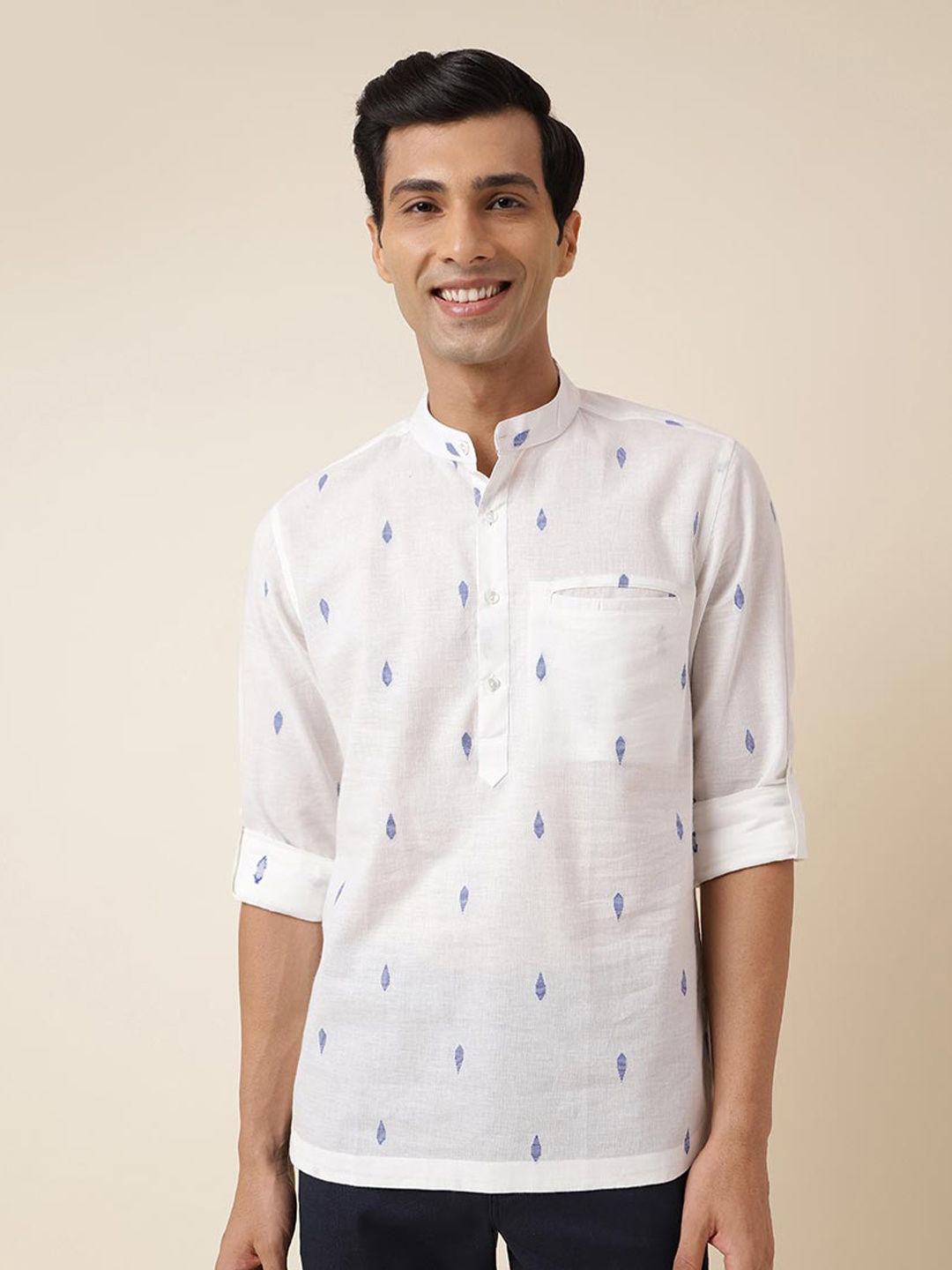 Fabindia Geometric Printed Cotton Mandarin Collar Slim Fit Opaque Casual Shirt, White
Fabindia Geometric Printed Cotton Mandarin Collar Slim Fit Opaque Casual Shirt, White