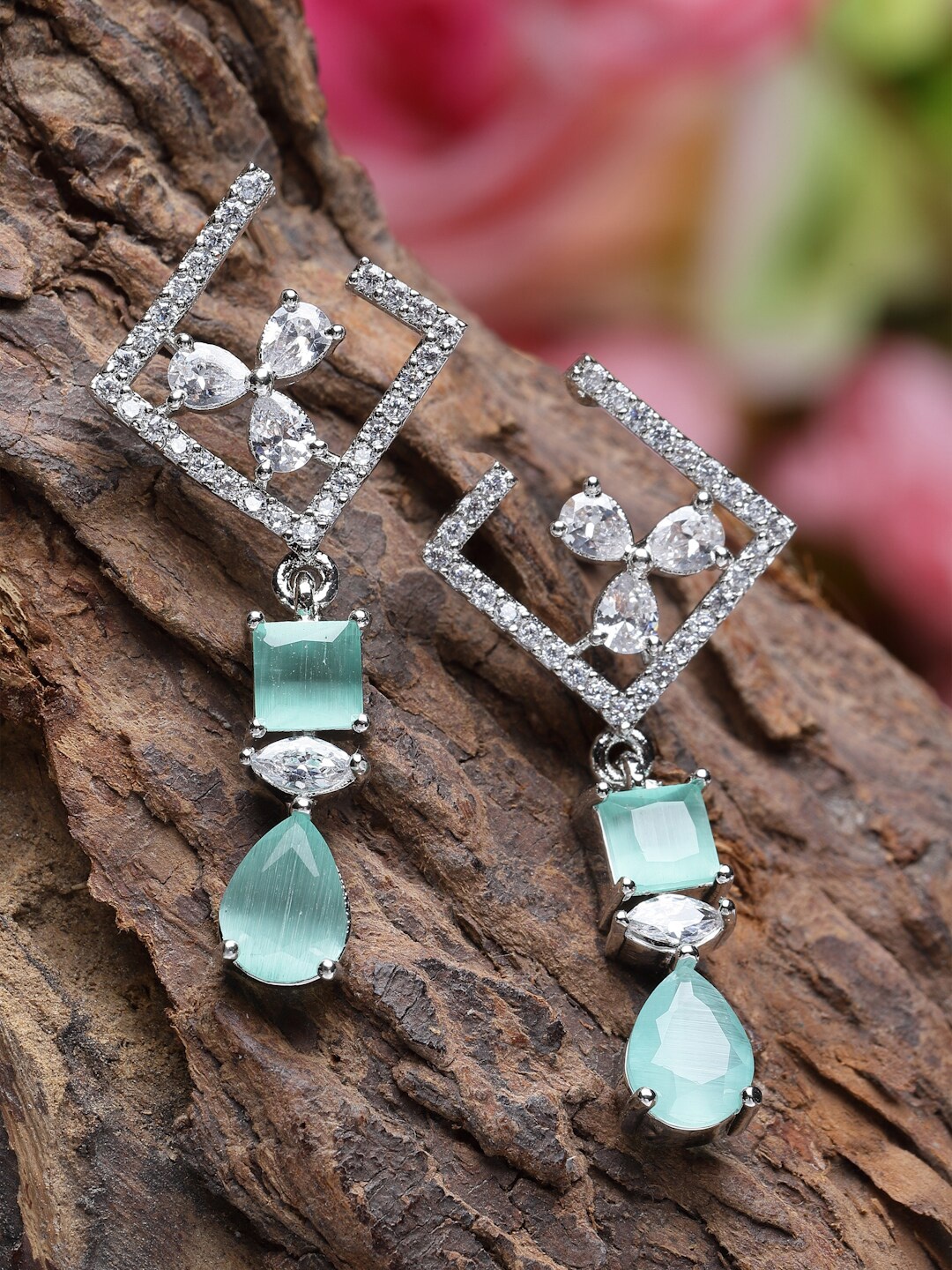 ZENEME Rhodium-Plated American Diamond Studded Square Shaped Drop Earrings, Sea green
ZENEME Rhodium-Plated American Diamond Studded Square Shaped Drop Earrings, Sea green