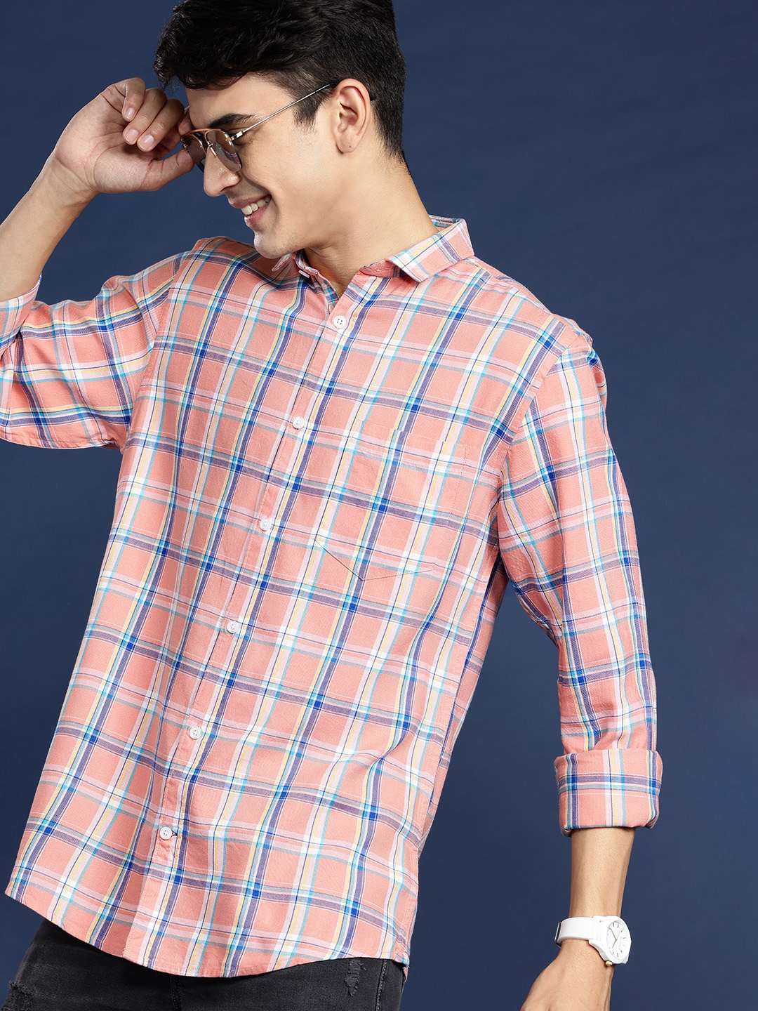 Mast & Harbour Men Standard Opaque Checked Casual Shirt, Peach