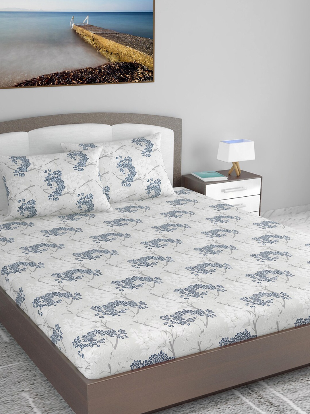Divine Casa Prisham Blue Floral Cotton 144 TC King Bedsheet with 2 Pillow Covers, White
Divine Casa Prisham Blue Floral Cotton 144 TC King Bedsheet with 2 Pillow Covers, White