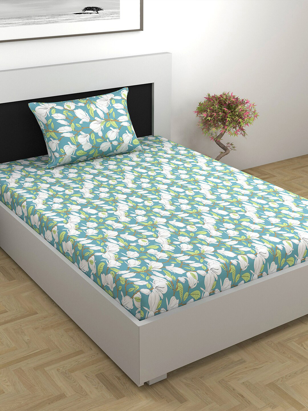 Divine Casa Prisham Green & White Floral Cotton 144 TC Single Bedsheet &1 Pillow Cover 
Divine Casa Prisham Green & White Floral Cotton 144 TC Single Bedsheet &1 Pillow Cover