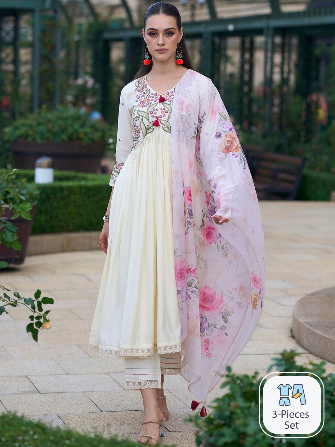 Indo Era Floral Embroidered Empire Thread Work A-Line Kurta With Trousers & Dupatta, White
Indo Era Floral Embroidered Empire Thread Work A-Line Kurta With Trousers & Dupatta, White