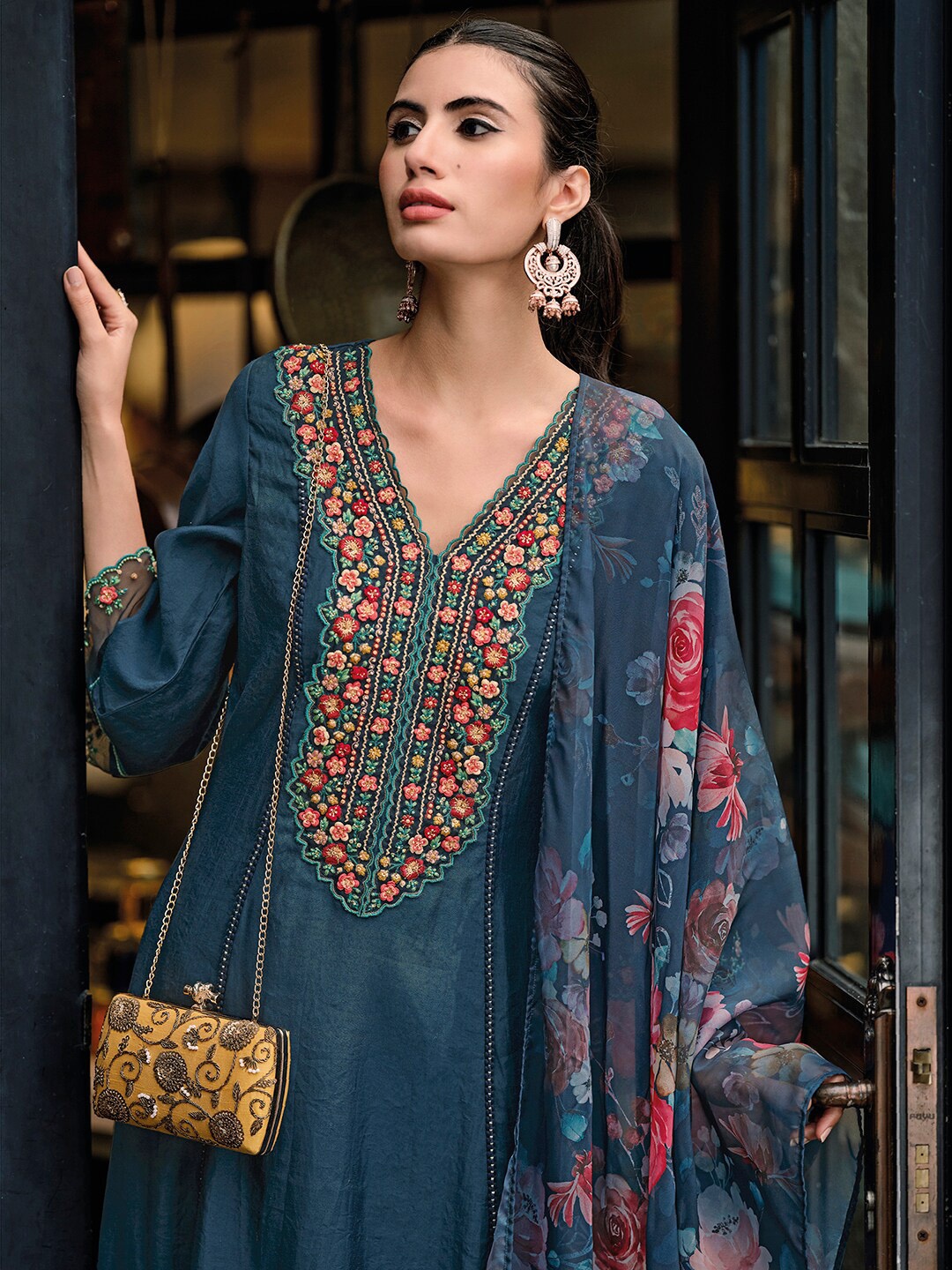 Indo Era Floral Embroidered Panelled Thread Work A-Line Kurta With Trousers & Dupatta, Blue
Indo Era Floral Embroidered Panelled Thread Work A-Line Kurta With Trousers & Dupatta, Blue