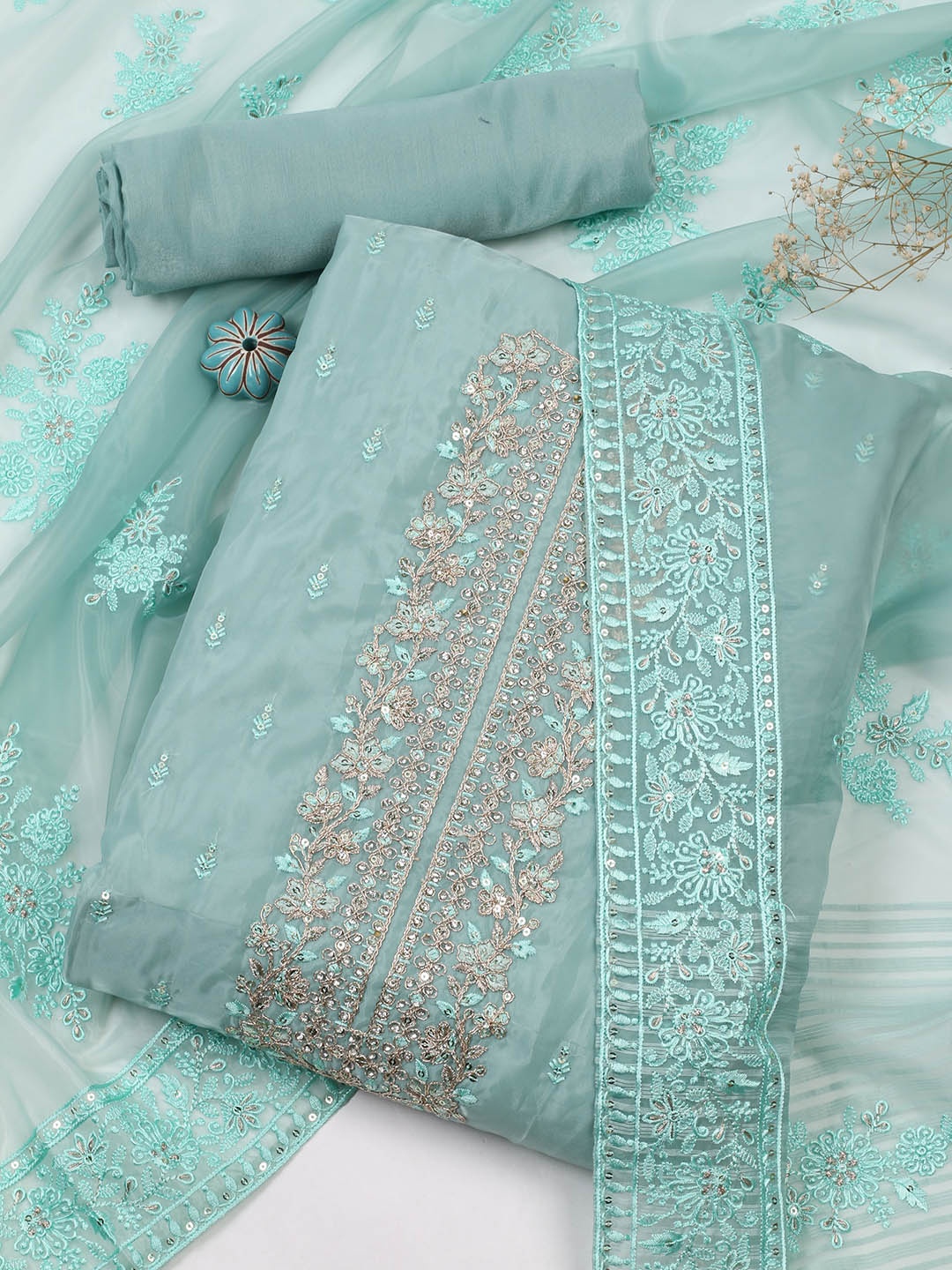 Meena Bazaar Floral Embroidered Sequinned Organza Unstitched Dress Material, Sea green
Meena Bazaar Floral Embroidered Sequinned Organza Unstitched Dress Material, Sea green