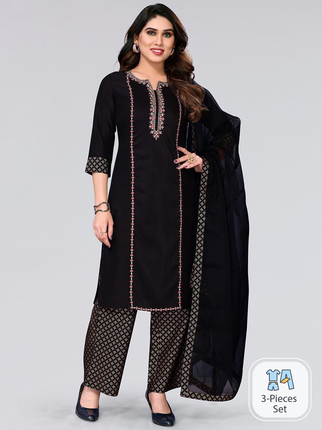 SKYLEE Floral Embroidered Regular Thread Work Straight Kurta & Palazzos With Dupatta, Black
SKYLEE Floral Embroidered Regular Thread Work Straight Kurta & Palazzos With Dupatta, Black
