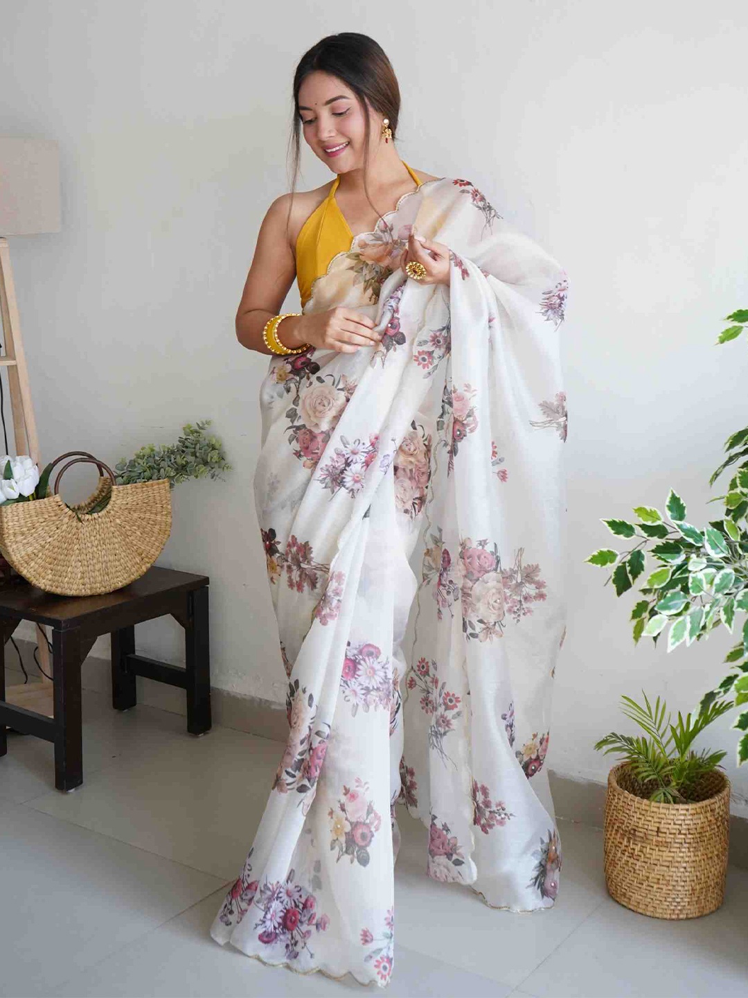 Mitera Floral Printed Organza Saree, White