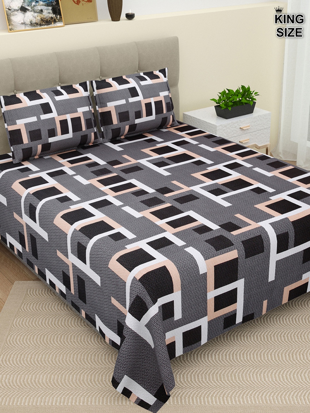 DREAM WEAVERZ Grey & Black Geometric Cotton 220 TC Super King Bedsheet & 2 Pillow Covers
DREAM WEAVERZ Grey & Black Geometric Cotton 220 TC Super King Bedsheet & 2 Pillow Covers