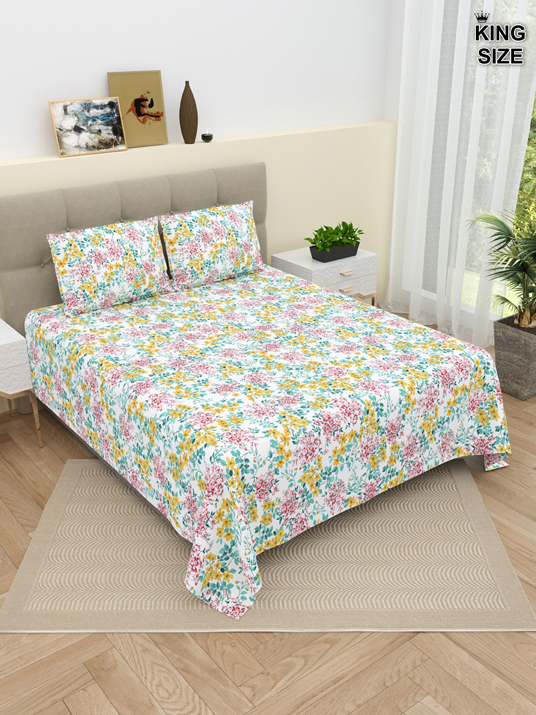 DREAM WEAVERZ White & Yellow Floral Pure Cotton 220 TC King Bedsheet With 2 Pillow Covers
DREAM WEAVERZ White & Yellow Floral Pure Cotton 220 TC King Bedsheet With 2 Pillow Covers