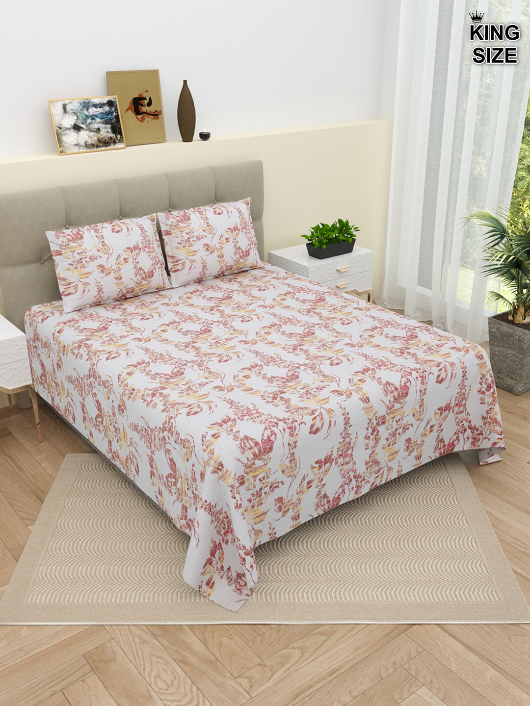 DREAM WEAVERZ White & Pink Printed Cotton 220 TC King Bedsheet with 2 Pillow Covers
DREAM WEAVERZ White & Pink Printed Cotton 220 TC King Bedsheet with 2 Pillow Covers