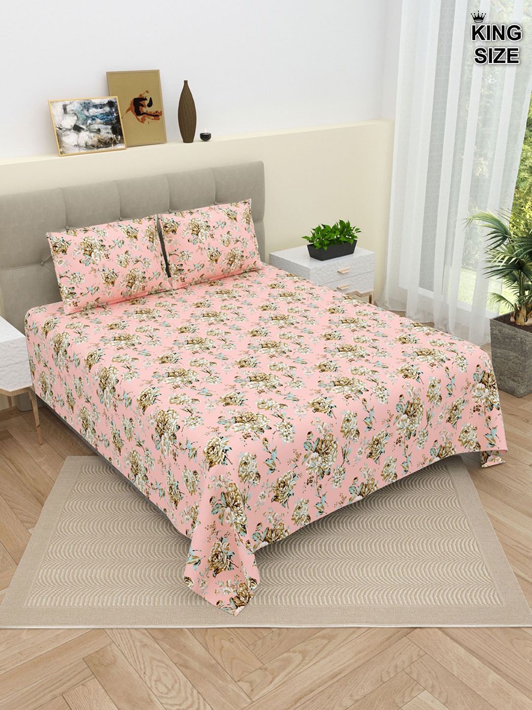 DREAM WEAVERZ Pink & Green Floral Pure Cotton 220 TC King Bedsheet With 2 Pillow Covers
DREAM WEAVERZ Pink & Green Floral Pure Cotton 220 TC King Bedsheet With 2 Pillow Covers