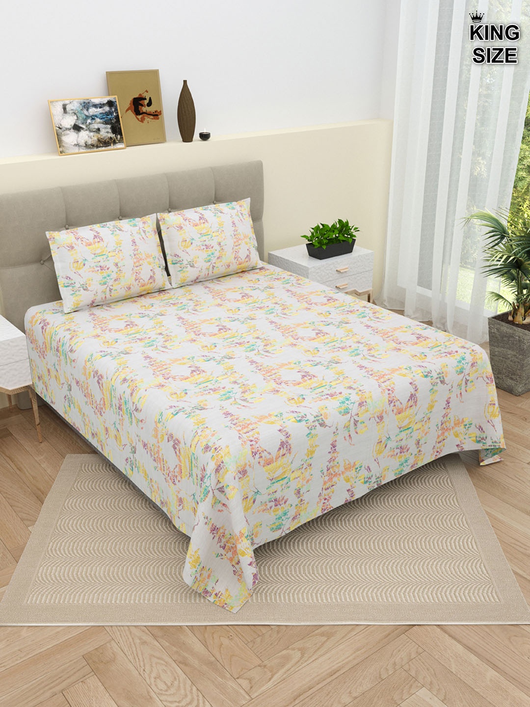 DREAM WEAVERZ White & Yellow Floral Pure Cotton 220 TC King Bedsheet With 2 Pillow Covers
DREAM WEAVERZ White & Yellow Floral Pure Cotton 220 TC King Bedsheet With 2 Pillow Covers