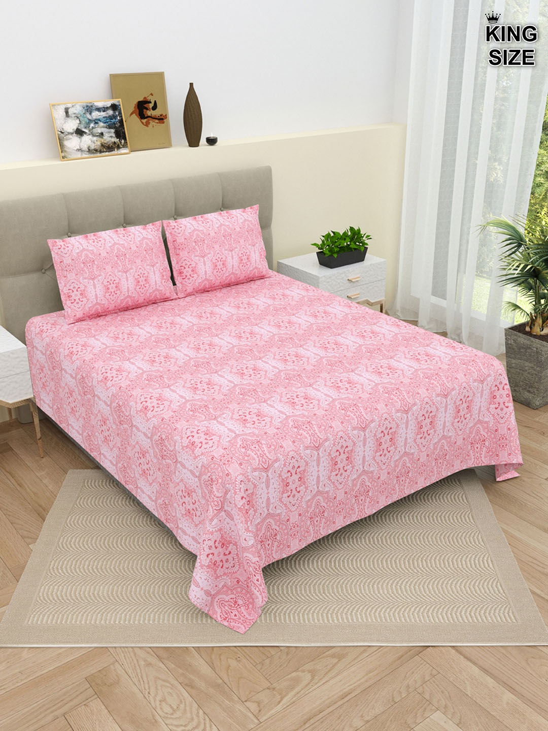 DREAM WEAVERZ Pink & White Striped Pure Cotton 220 TC King Bedsheet With 2 Pillow Covers
DREAM WEAVERZ Pink & White Striped Pure Cotton 220 TC King Bedsheet With 2 Pillow Covers