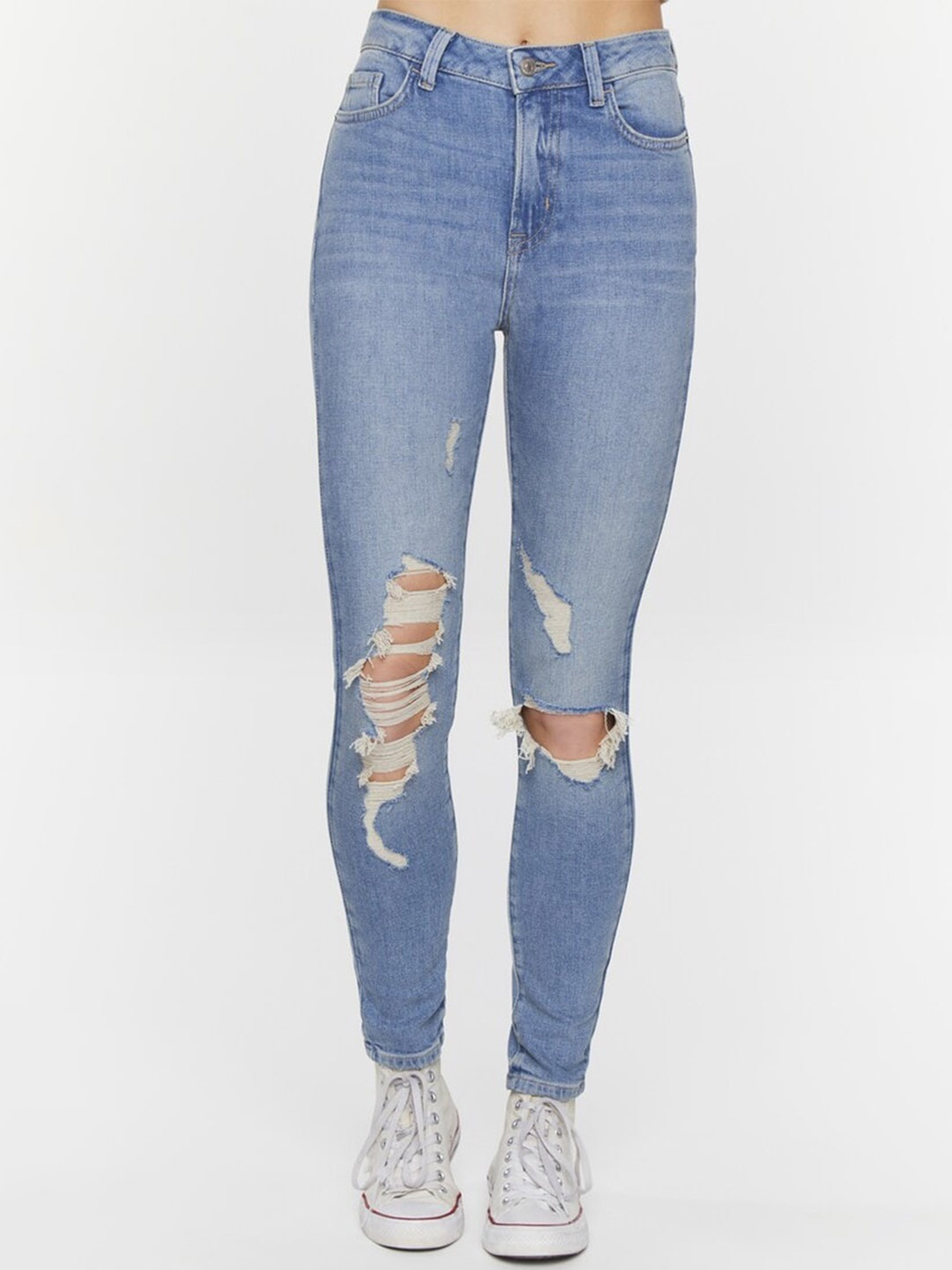 FOREVER 21 Women Mid-Rise Skinny Fit Highly Distressed Light Fade Stretchable Jeans, Blue
FOREVER 21 Women Mid-Rise Skinny Fit Highly Distressed Light Fade Stretchable Jeans, Blue