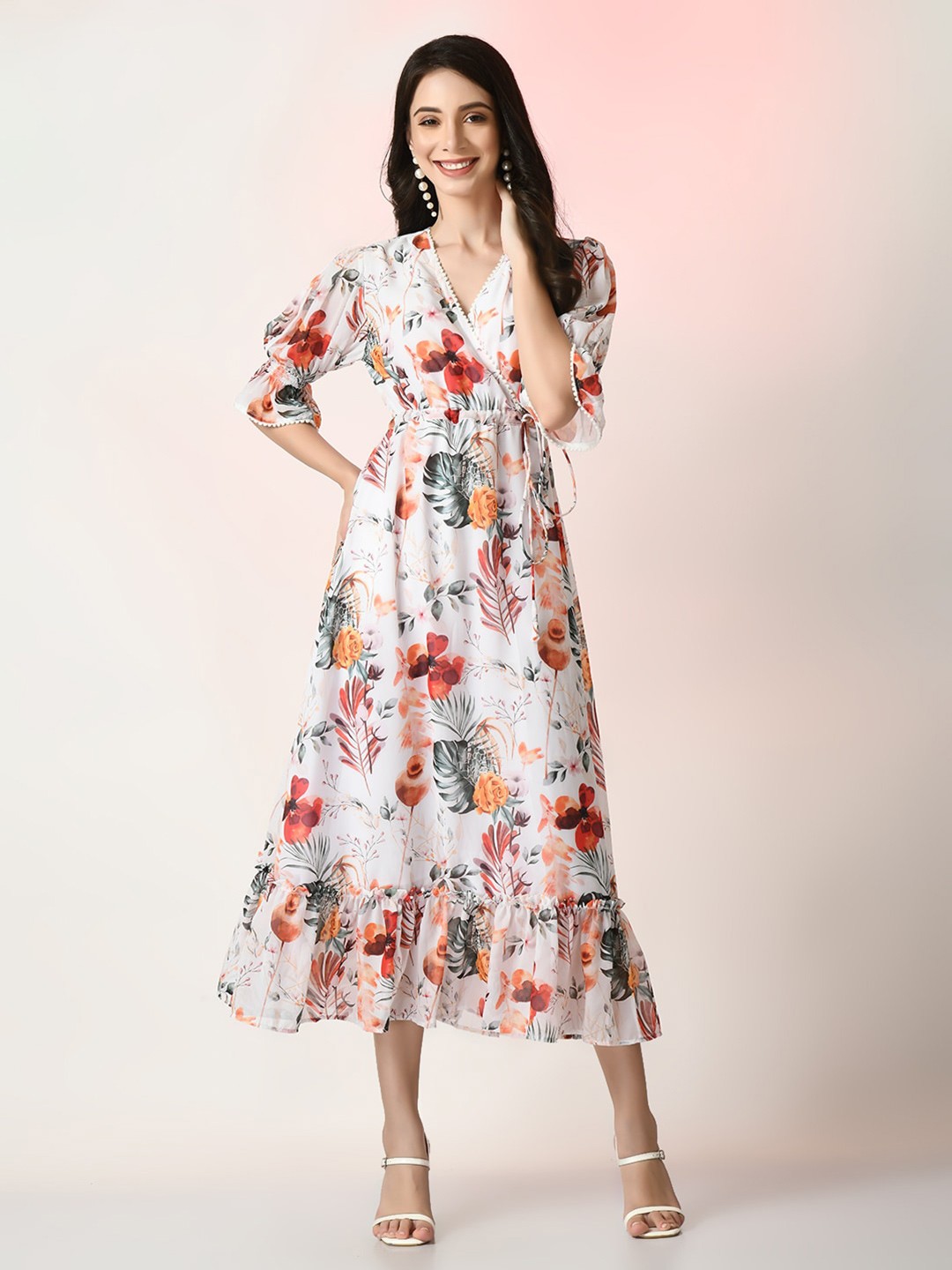 Myshka Floral Printed Puff Sleeves Tie-Up Detail Flounce Georgette Wrap Midi Dress, White
Myshka Floral Printed Puff Sleeves Tie-Up Detail Flounce Georgette Wrap Midi Dress, White