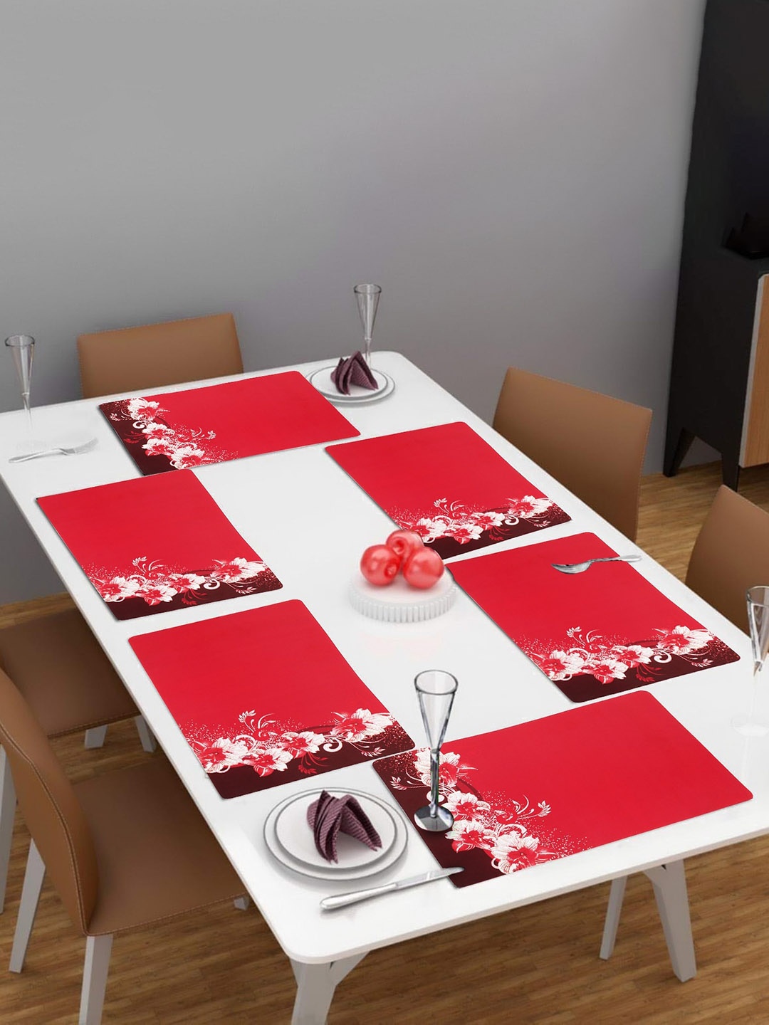 Dakshya Industries Red 6-Pieces Floral Rectangle Table Placemats