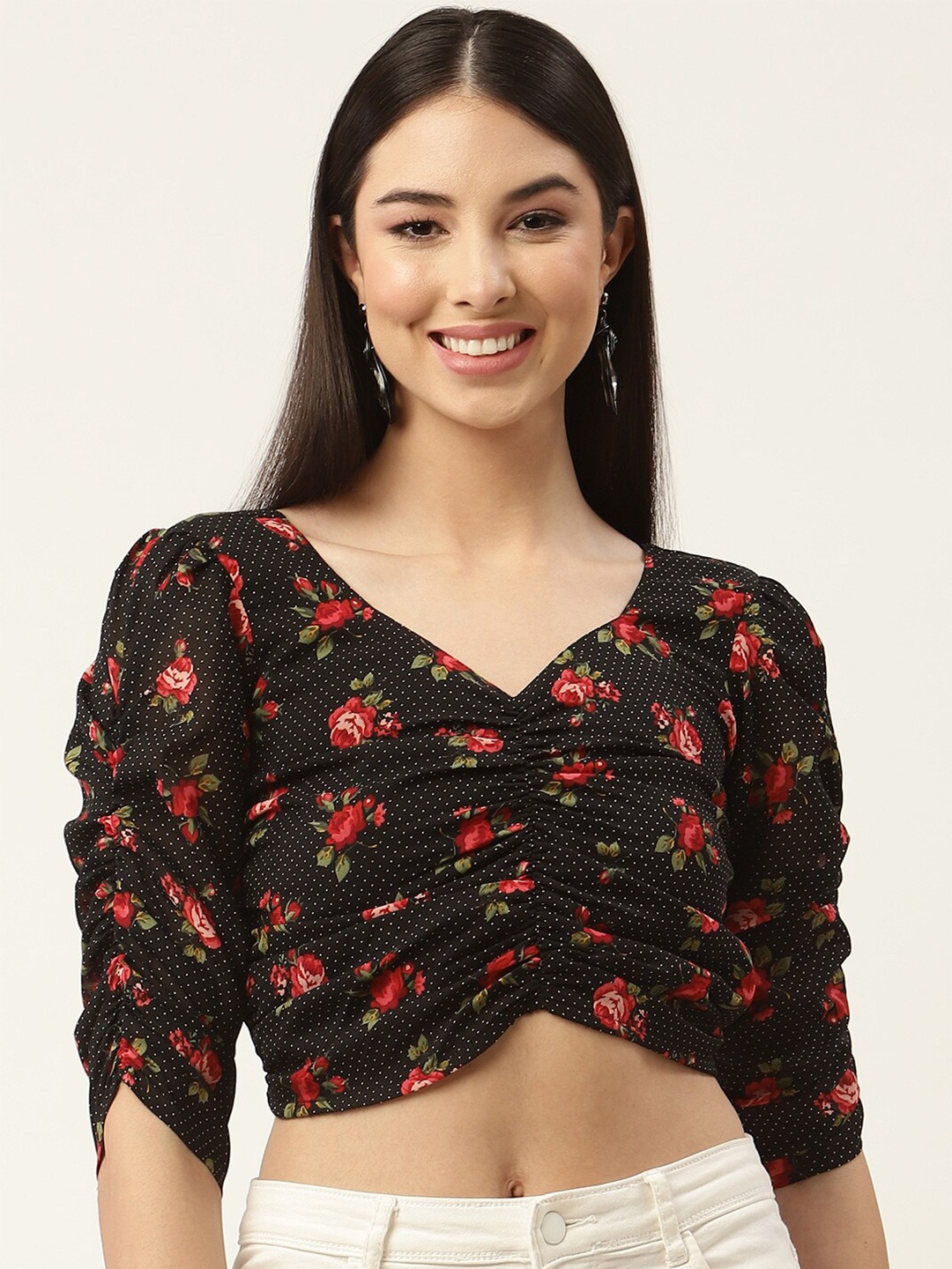 Stylecast X KPOP Floral Print Georgette Crop Top, Black
