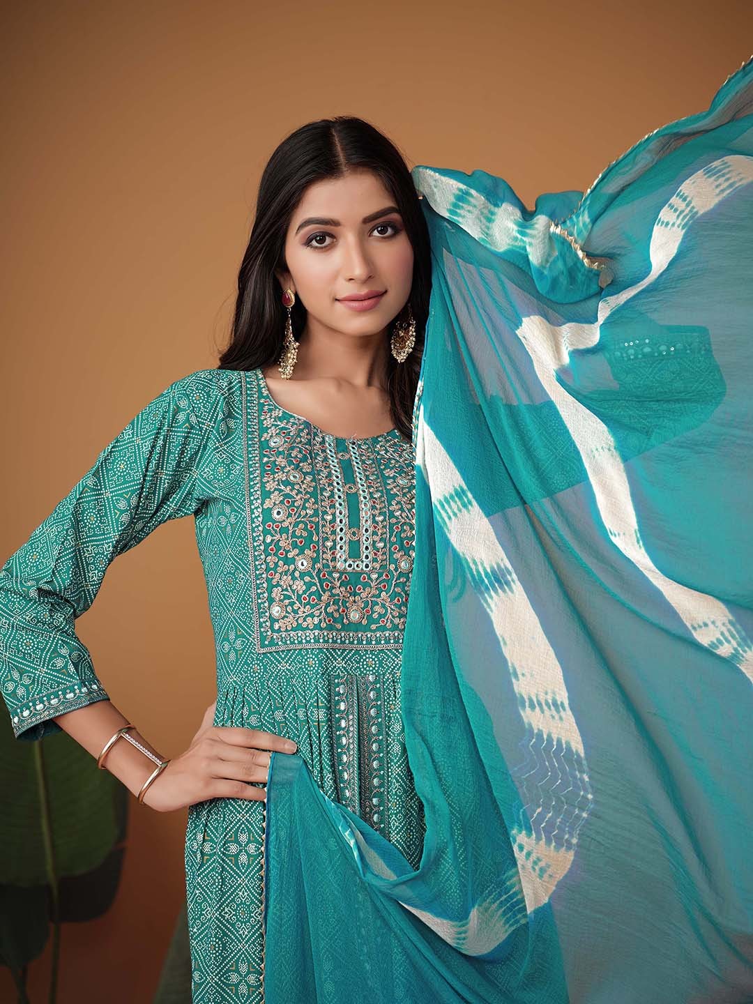 Sangria Ethnic Motifs Printed Anarkali Kurta With Trouser & Dupatta, Sea green