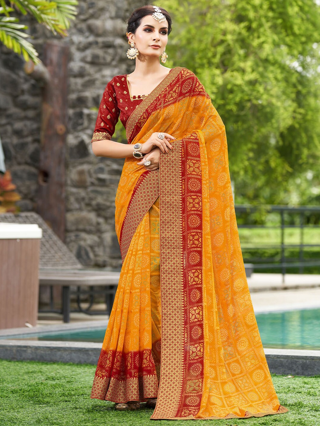 KARAGIRI Ethnic Motifs Printed Zari Saree, Yellow