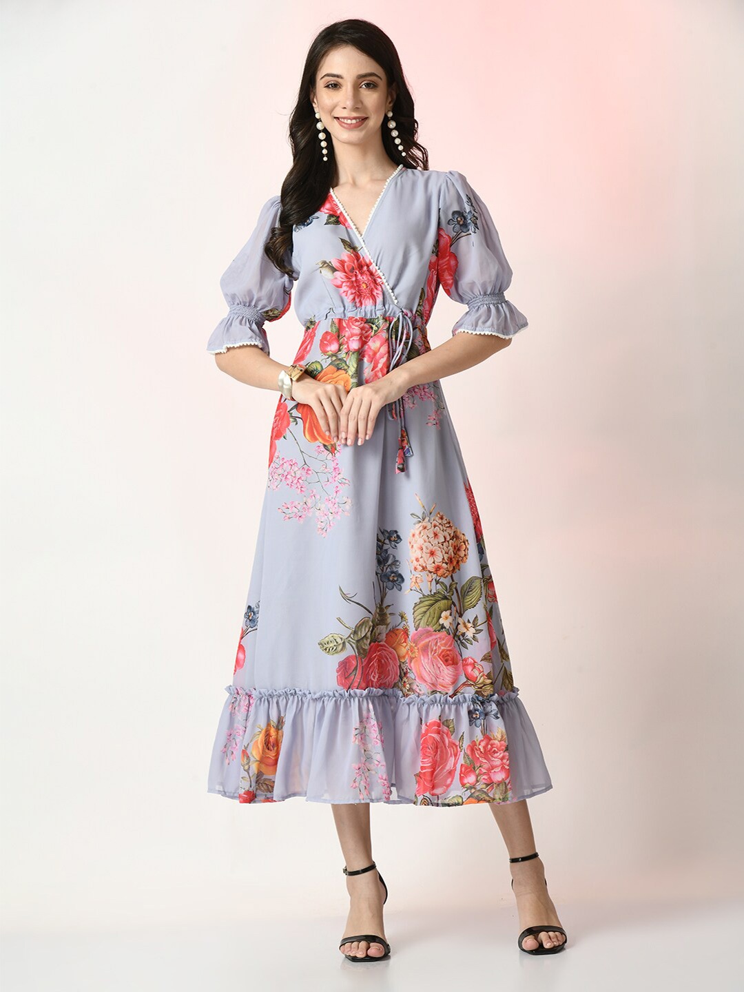 Myshka Floral Printed Puff Sleeves Tie-Up Detail Flounce Georgette Wrap Midi Dress, Grey
Myshka Floral Printed Puff Sleeves Tie-Up Detail Flounce Georgette Wrap Midi Dress, Grey