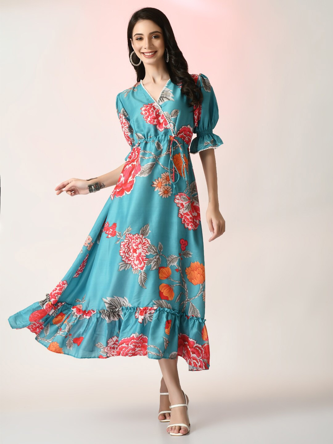 Myshka Floral Printed Puff Sleeves Tie-Up Detail Flounce Georgette Wrap Midi Dress, Sea green
Myshka Floral Printed Puff Sleeves Tie-Up Detail Flounce Georgette Wrap Midi Dress, Sea green