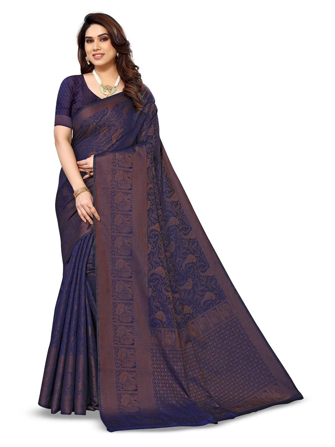 Varanga Blue & Bronze-Toned Ethnic Motifs Woven Design Zari Banarasi Saree 
Varanga Blue & Bronze-Toned Ethnic Motifs Woven Design Zari Banarasi Saree