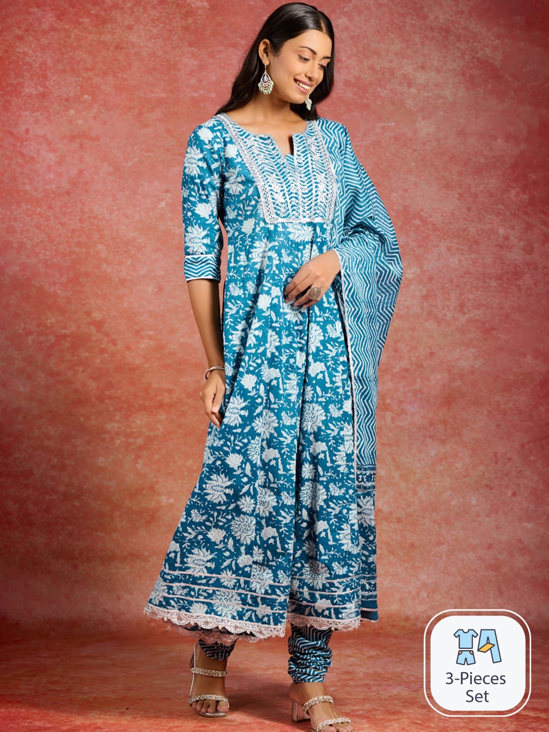 Libas Floral Printed Gotta Patti Pure Cotton Anarkali Kurta With Churidar & Dupatta, Blue
Libas Floral Printed Gotta Patti Pure Cotton Anarkali Kurta With Churidar & Dupatta, Blue