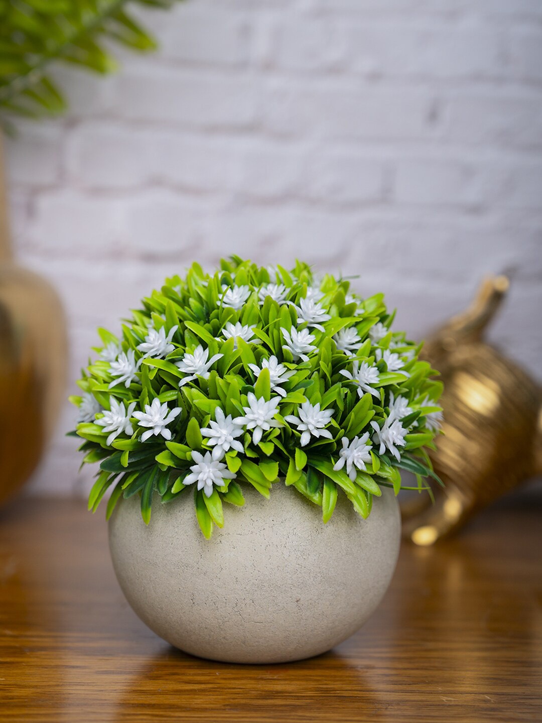 MARKET99 Green & White Artificial Flowers With Pot
