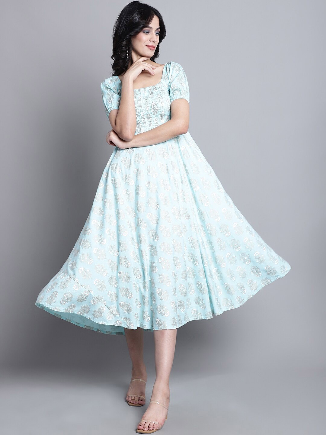 KALINI Ethnic Motifs Printed Puff Sleeves Smocked Empire Midi Dress, Turquoise blue
KALINI Ethnic Motifs Printed Puff Sleeves Smocked Empire Midi Dress, Turquoise blue